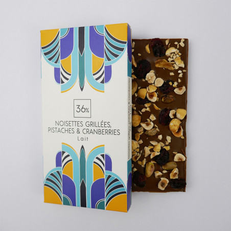 Tablette Noisettes grillées, pistaches et cranberries chocolat Lait 36%